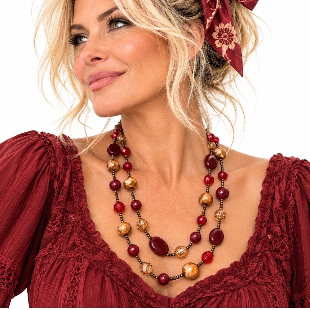 Beaded acrylic 24" Strand Necklace Antiqued Bronze Tone Ruby Red caramelized